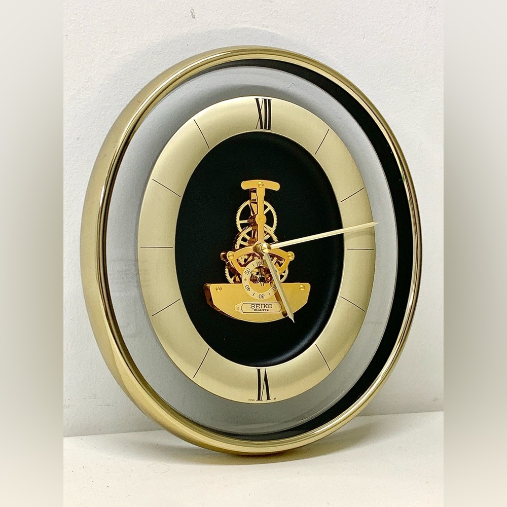 1980s Vintage Seiko Quartz Gold Roman Numeral Skeleton Wall Clock